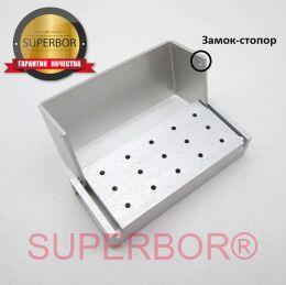Подставка / бокс / органайзер / термоблок SUPERBOR® для хранения и стерилизации стоматологических боров FG (15) серебряный (silver) со стопором